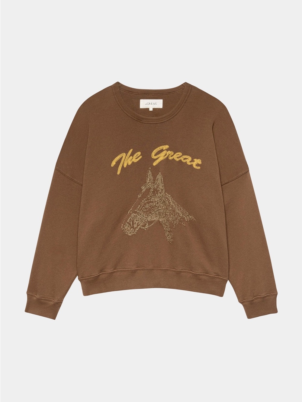 The Great - The Team Mate Crewneck Sweatshirt Horse Embroidery in Umber